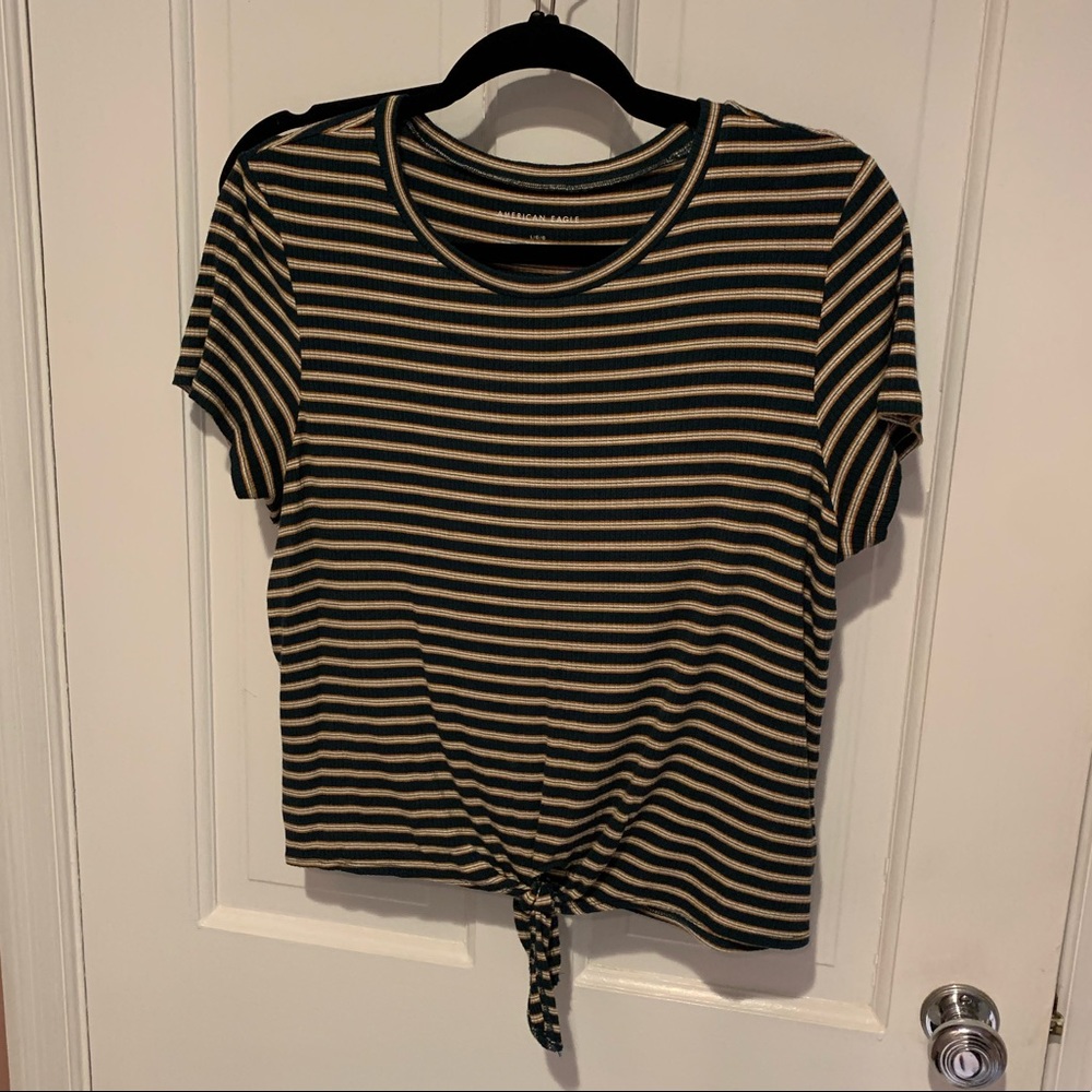 Green & mustard stripe tie crop top